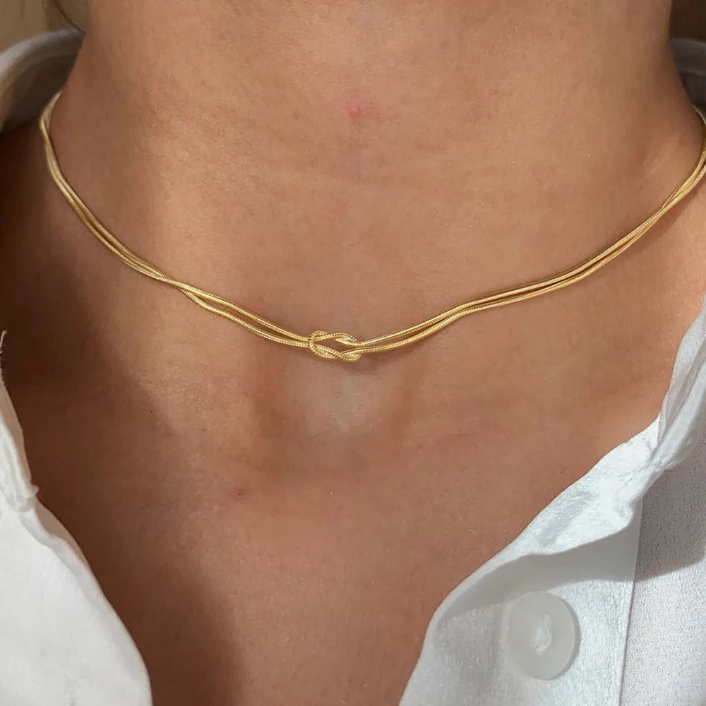Emanco Elegant Minimalist Jewelry Lusterless 14K Gold Plated Knotted Snake Chain Necklace Women'S Stainless Steel Accessories
